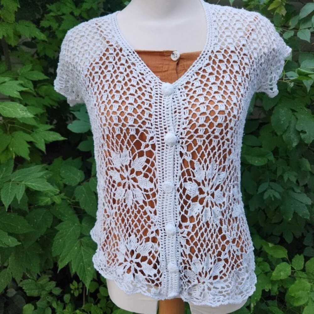 Crochet‎ Knit Floral Button Up Top Bohemian Handmade Cardigan Sweater vintage